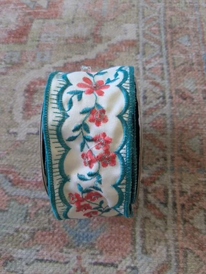 d. stevens Ribbon Blue White Embroidered Beaded 4" x 10YD wired edge Easter - Image 1 of 4