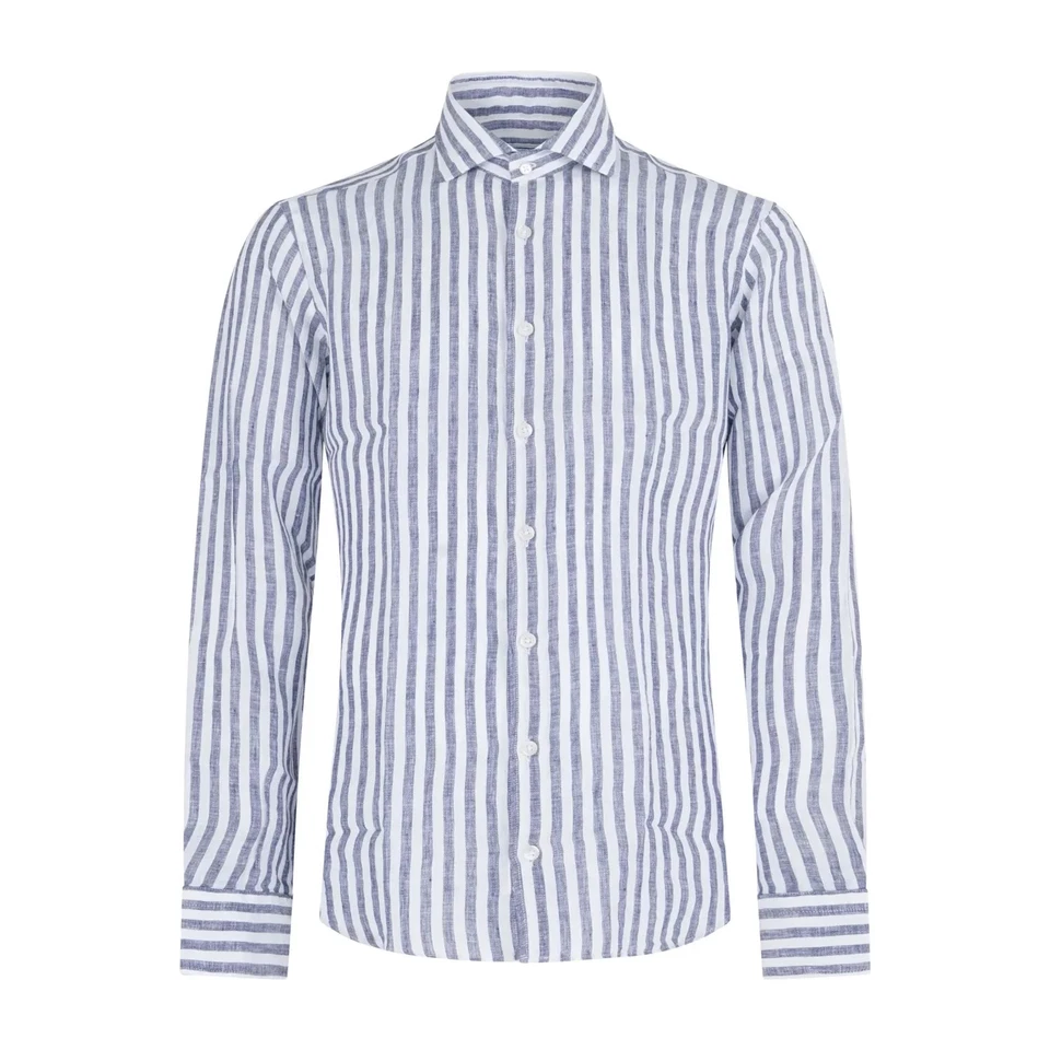 Lavorazione Sartoriale - Camicia bianca a righe blu in lino slim fit per uomo - Immagine 1 di 1