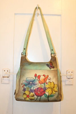 ANUSCHKA Handpainted Leather Floral Butterfly Medium Satchel Shoulder Bag Purse - Image 1 of 4