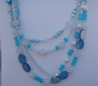 Collar de cadena hecho a mano de 90" concha azul, vidrio, cuentas de piedra, perlas de agua dulce Foto 1 de 4