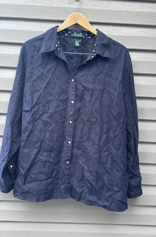 Blusa Camisa Top Lunares Ralph Lauren Talla 2X Azul Marino Logo Monograma 100% Lino Foto 1 de 4