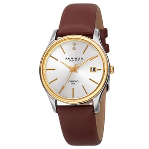 New Women's Akribos XXIV AK879BR Date Diamond Dial Brown Leather Strap Watch - Picture 1 of 4