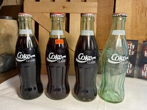 Lot of 4 Vintage Coca Cola 8 oz No Refill Glass Bottles ~ 3 Full & 1 Empty - Picture 1 of 6