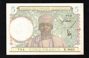 French West Africa, OCCIDENTALE 5 Francs,1942 P 21 XF++ Scarce * BANKNOTE - Picture 1 of 2
