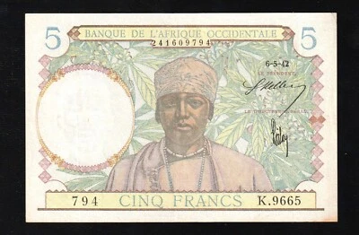 French West Africa, OCCIDENTALE 5 Francs,1942 P 21 XF++ Scarce * BANKNOTE - Image 1 of 2