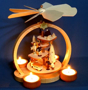 Pyramide Teelicht Engel Bergmann Weihnachtsmann Eisenbahn Lok Erzgebirge Seiffen - Bild 1 von 2