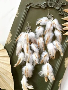 Festival Long Feather Earrings,Festival Outfit, Bridal Earrings,Beach Earrings - Picture 1 of 17