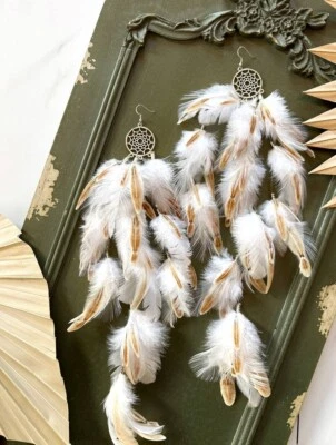 Festival Long Feather Earrings,Festival Outfit, Bridal Earrings,Beach Earrings - Image 1 of 4