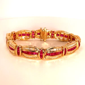 BAGUETTE VIVID RED NATURAL RUBY Diamond Wide Tennis Bracelet 14K 14kt 585 Gold - Bild 1 von 11