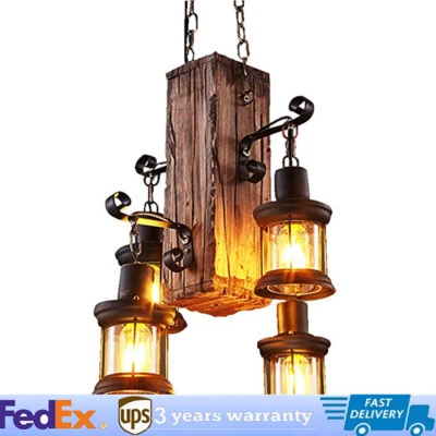 4-Light Farmhouse Furniture Wood Chandelier Pendant Lighting Fixture Kitchen Bar - Image 1 of 4