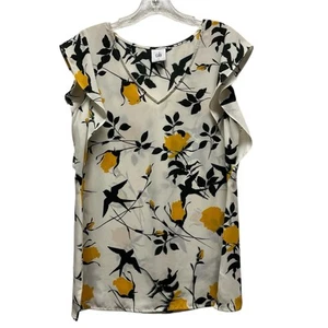 Cabi Floral Blouse Ruffle Cap Sleeve #3963 Birdwatcher Womens S Cream - Afbeelding 1 van 6
