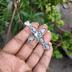London Blue Topaz Gemstone Cross 925 Sterling Silver Pendant Christianity Cross - Picture 1 of 14