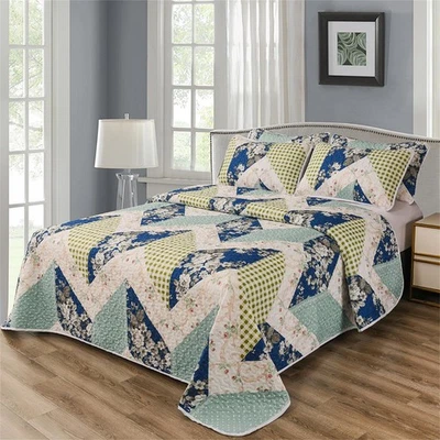 Juego de 3 piezas de edredón floral Chevron a cuadros retazos tamaño king azul menta verde I... Foto 1 de 4