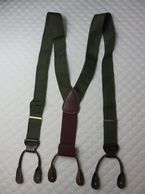 二手状况完好 Trafalgar 吊袜带 军队 绿色 勃艮第蜥蜴 印花 棕色皮革 — 第 1/4 张图片