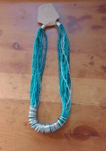 Blue/green Multi Strand Small Glass Bead Silver Tone Clasp Necklace - Picture 1 of 3