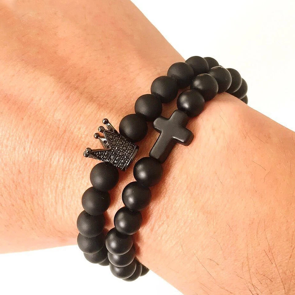 Juego de 2 piezas de pulsera con cuentas de piedras preciosas de ágata mate corona y cruz chapada en rodio para hombre Foto 1 de 4