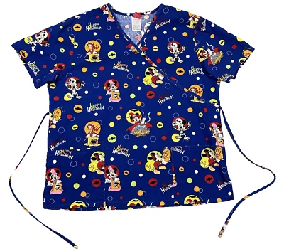 Blusa Médica Disney Mickey Mouse Para Mujer Grande Azul Bolsillos Cuello en V Feliz Halloween Foto 1 de 4