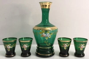 Vtg Flower Handpainted Green Gold Japan Glass Decanter Shot Set *Missing Cork* - Picture 1 of 19