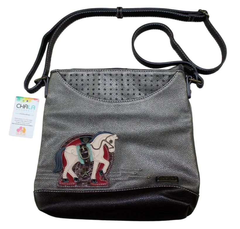 CHALA PEWTER GRAY HORSE SWEET MESSENGER CROSSBODY TOTE PURSE FAUX LEATHER