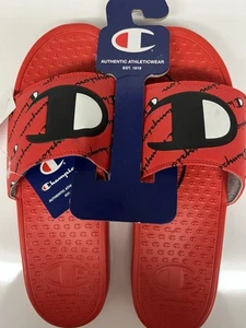 CHAMPION Super Slide Script Lettering Scarlet/Black Sandals Sz 12 FAST FREE SHIP - Picture 1 of 9