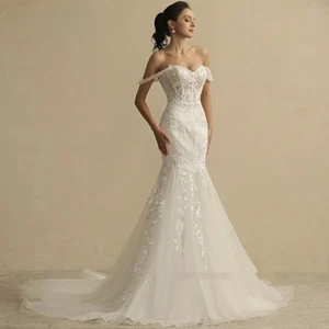 Mermaid Off the Shoulder Wedding Dresses Sleeveless Lace Appliques Bridal Gowns - Picture 1 of 8