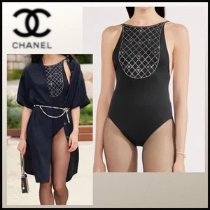 NWT CHANEL 23C Black/ Silver Crystal One-Piece Bathing Suit F 34/US 2 - Picture 1 of 20