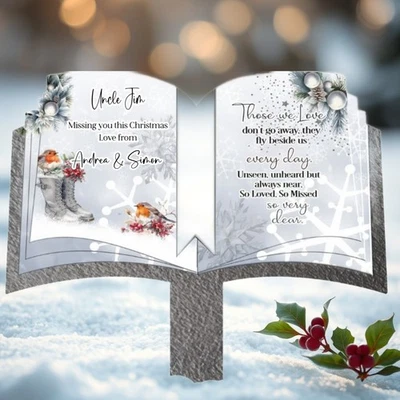 Personalised Book Shaped Christmas Grave Marker Winter Grey Memorial with Robin - Image 1 of 4