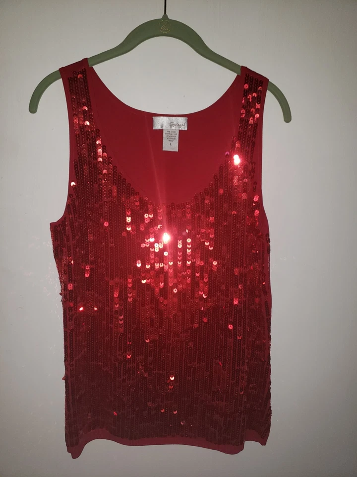 Spiegel Womens Festive Red Sequined Tank Blouse Sz Large - Image 1 of 4
