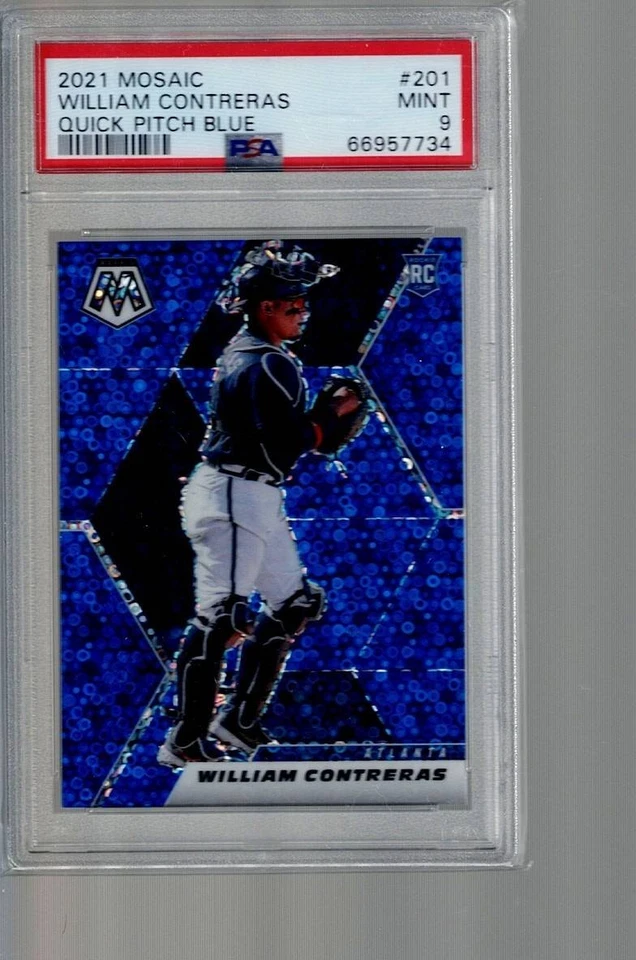 #201  blue quick pitch  WILLIAM CONTRERAS  rc 2021 PANINI MOSAIC   28/85   PSA 9 - Image 1 of 1
