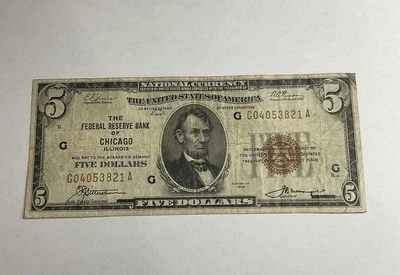 1929 $5 Federal Reserve Bank of Chicago, Illinois (A) - Image 1 of 2