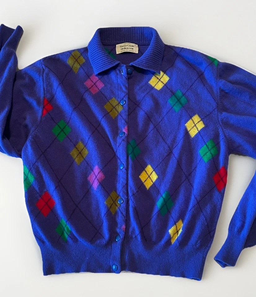 复古 20 世纪 90 年代 BENETTON Preppy Argyle Cardigan Polo 领意大利制造公主 — 第 1/4 张图片