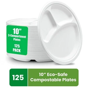 Disposable 10" 3 Compartments Paper Plates, Compostable Dinner Plates -FPN - Picture 1 of 17