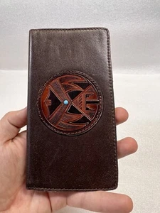 Vintage Western Navajo Turquoise Genuine Leather Bifold Checkbook Wallet Holder - Picture 1 of 10