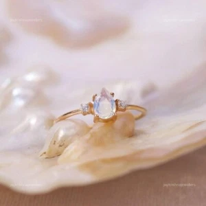 14K Gold Rainbow Moonstone Ring, Slice Diamond Beautiful Thin Birthday Gift Ring - Picture 1 of 4