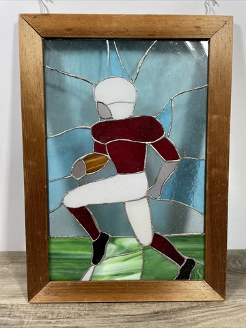 RARE Vintage Leaded Stained Glass Football Player Window Framed 21x15 Cover