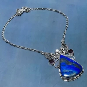 Natural Lapis Lazuli, Amethyst Gemstone 925 Sterling Silver Necklace 18" i780 - Picture 1 of 7