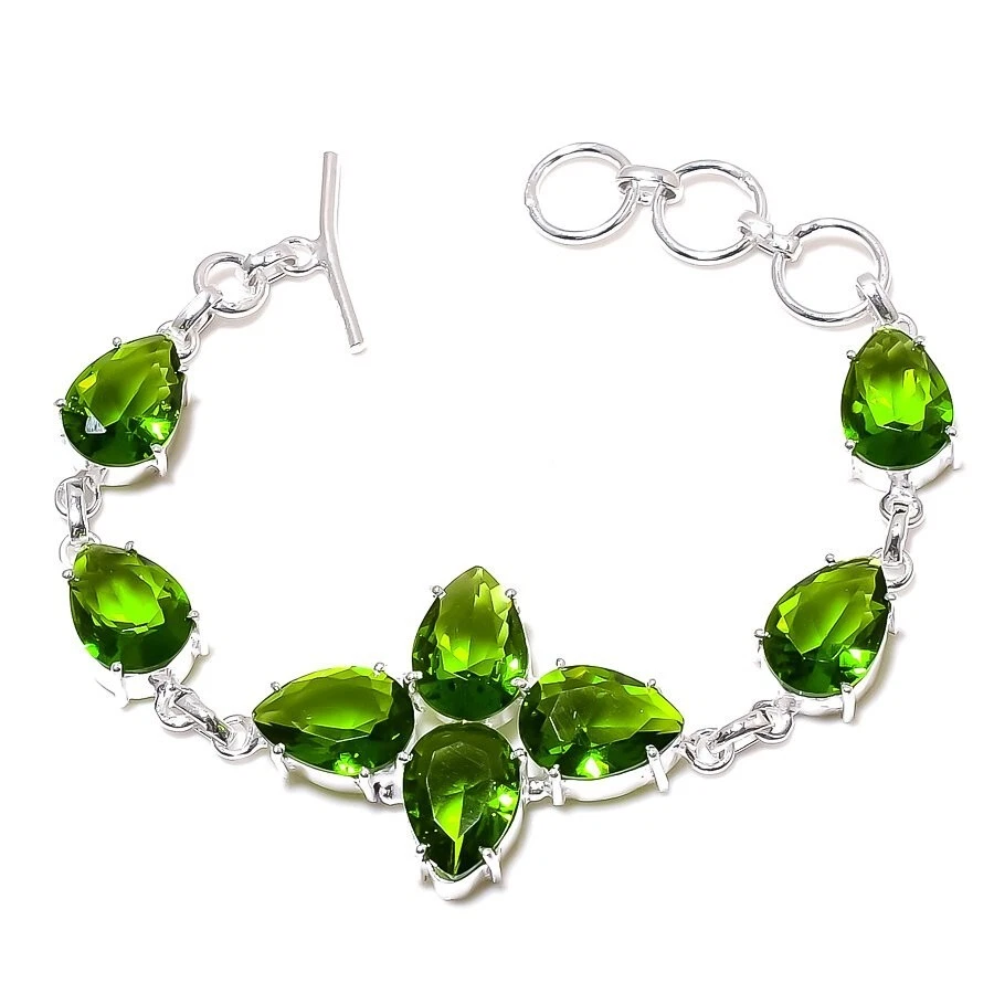 Green Peridot Gemstone Handmade 925 Sterling Silver Jewelry Bracelet Size 7-8" - Image 1 of 1