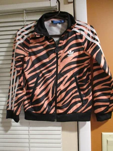 3 stripe Pink Animal Print Adidas Jacket track top zip up Age 7-8 L 7/8 - Picture 1 of 8