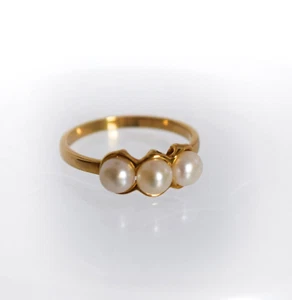 Natürlicher gut gemachter Ring mit 3 Perlen aus massivem 14 Karat Gelbgold, Größe 6,75 - Bild 1 von 11
