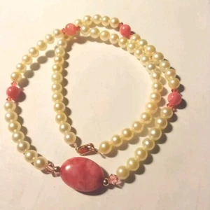 Artisan 10k YG Freshwater Pearl Swarvoski Element & Peachy Agate Necklace 17"#17 - Picture 1 of 4