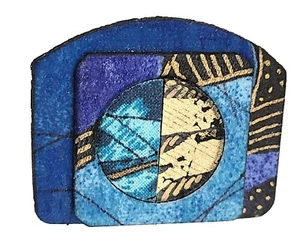 Vtg Suzanne Bellows Hand Painted Silk Brooch Blue And Gold New - Picture 1 of 4