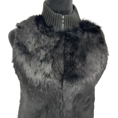Lauren Hansen Misses Mediano Negro Genuino Piel de Conejo Suave Cálido Suéter Chaleco Cremallera Foto 1 de 4