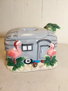 St Nicholas Square Flamingo AirStream Camper Cookie Jar Christmas Tiny House RV - Picture 1 of 8