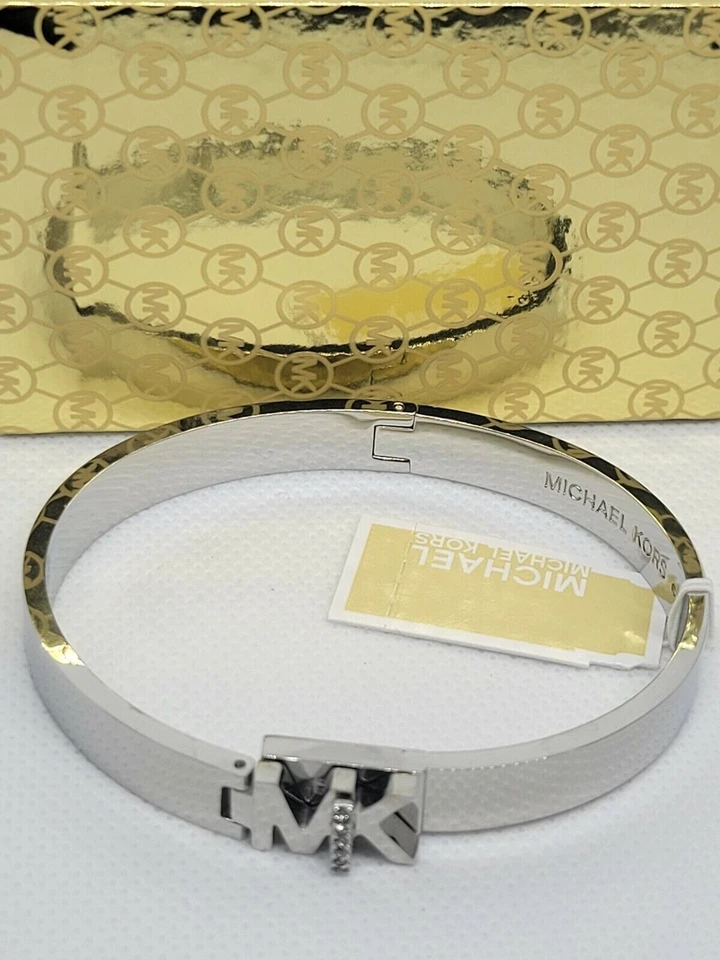 Michael Kors Silver Tone Bangle Bracelet Pave MK Logo Mkj7698 Mkj7698040