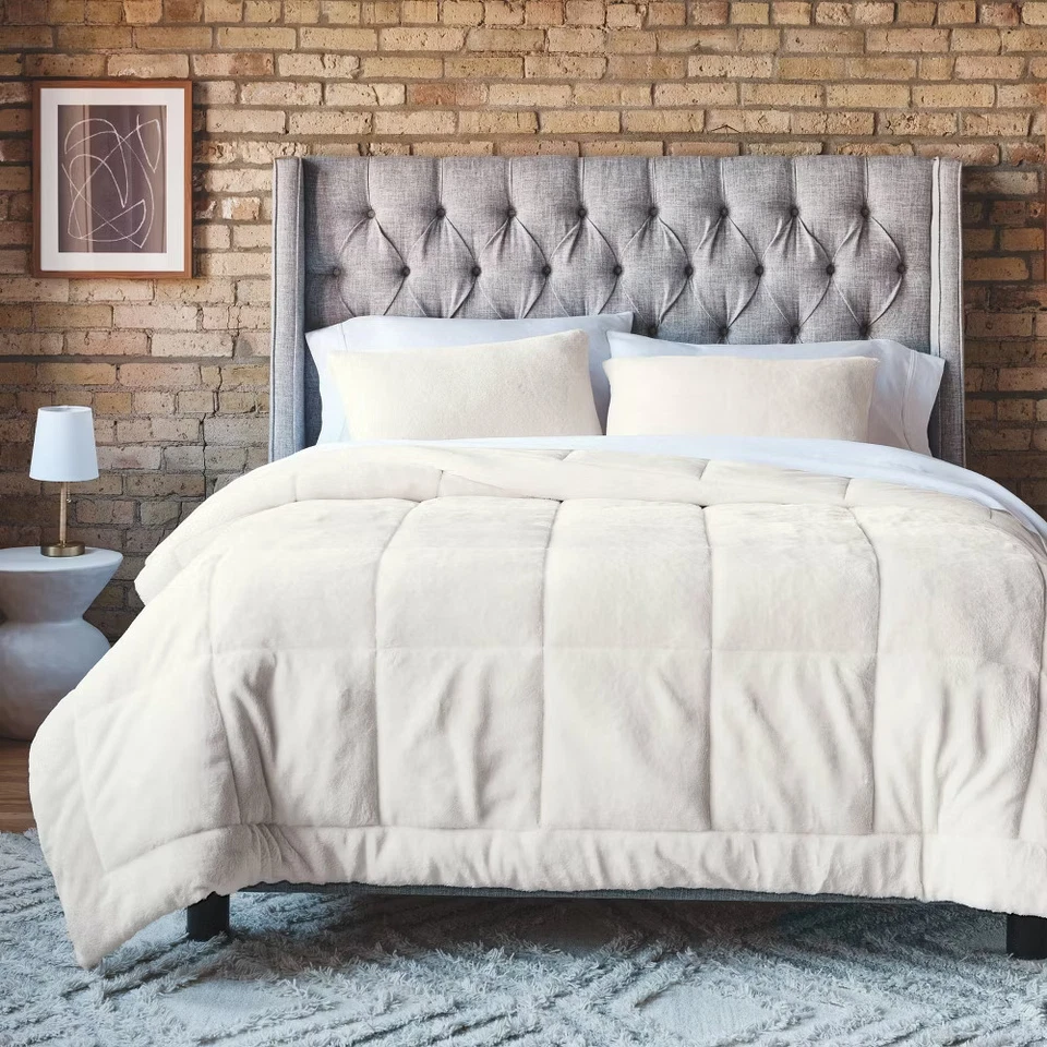 Box Stitch Faux Fur Comforter and Sham Set - Threshold - Image 1 of 1