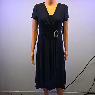 NUEVO CON ETIQUETAS R&M Richards Para Mujer Talla 6 Azul Marino Elastizado Vestido de Cóctel con Cinturón Noche Foto 1 de 4