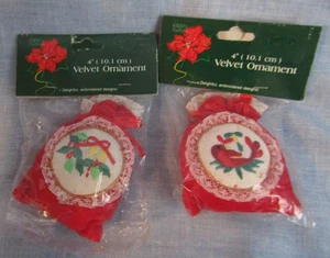 MIDWESTERN PRODUCTS EMBROIDERED RED VELVET CHRISTMAS ORNAMENTS 1970`S - Picture 1 of 2