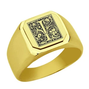 Floral Monogram Letter I Stainless Steel Signet Ring, Stainless Steel Initial... - Picture 1 of 4