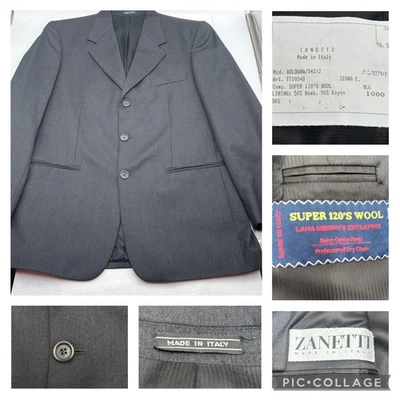 Zanetti Made in Italy Super 120s Wool Men's Suit 52R Charcoal Gray Jacket Blazer - Image 1 of 4