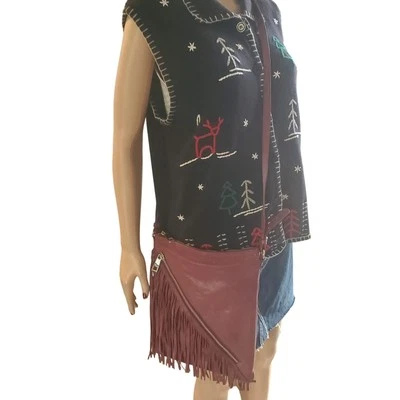 Sandra Roberts Crossbody Mauve Purple Fringe Boho Western Leather Bag - Image 1 of 4